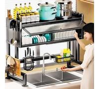 2-Tier Over-the-Sink Dish Rack with Flip-Cover Cabinet Doors, Drying Cabinet for Kitchen Counter Organization