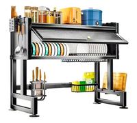 2 Tier Over the Sink Dishes Drainer, Dish Drying Rack with Cover, Kitchen Sink Shelf Organiser for Dishes Bowls and Cutlery Storage, Space Saving, Cutting Board Holder, for Counter Space Saving