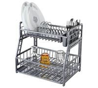 2-Tier Plastic Plated Dish Drainer Rack Glasses Crockery Cutlery Utensil Drainer with Drip Removable Tray (Silver)