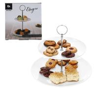 2-Tier Porcelain Cake Stand - White Ceramic Plates | Chrome Handle | 21.5cm Elegant Dessert, Fruit, Pastry & Snack Display for Parties, Weddings & Afternoon Tea