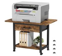 2 Tier Printer Stand with Fabric Drawer Storage, Printer Table on Wheels&Side Bag, 56x38cm Pinter Shelf for Home Office Organization, fit Fax Scanner/3D Printer, Rustic Wood