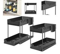 2 Tier Pull Out Under Sink Organiser (2 Pack) - 40x21x38cm Sturdy PP Plastic Storage Shelf with 10 Hooks + 2 Cutlery Holders - Slide Out Drawer Design for Kitchen, Bathroom, Laundry, Garage, Office