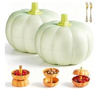 2-Tier Pumpkin Snack Bowl with Divided Trays, Halloween Adjustable Big Pumpkin Snack Holder with Lid, Detachable Pumpkin's Serving Tray for Halloween Candy Fruit & Nuts Fall Decor (2pcs Green)