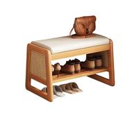 2 Tier Rattan Shoe Bench with Cushion Rustic Entryway Storage Seat Stylish for Hallway & Bedroom (Medium)