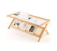 2-Tier Rectangular Coffee Table Modern Center Bamboo Table with Glass Tabletop