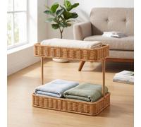 2 Tier Rectangular Woven Rattan Storage Basket, Spacious Organizer | Rattan-Like PP Build, Sturdy & Ventilated, Rustic & Minimalist, Easy Wash, Ideal for Vanity & Bathroom