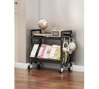 2-Tier Rolling Book Cart - Mobile Bookshelf with Lockable Wheels & 4 Hooks, Lightweight V-Shaped Metal Shelves for Library, Office, Classroom, Bedroom - 27.6x9.8x21 Inch, Black