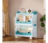 2-Tier Rolling Plastic Cart with Locking Mechanism Mobile Storage Shelf for Living Room Office Bathroom Kitchen Blue - 1-4 Level Adjustable Design