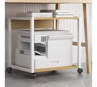 2-Tier Rolling Printer Stand with Lockable Wheels - Heavy-Duty Mobile Printer Cart for Small Spaces, Industrial Under Desk Storage, Light Walnut Finish, 9.8" Height, Office Organization Solution