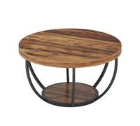 2-Tier Round Coffee Table With Storage Shelves, Industrial Wooden Center Table