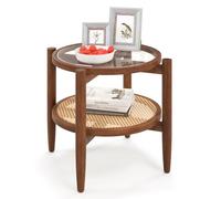 2-Tier Round End Table - PE Rattan Side Table with Tempered s Top & Acacia Wood Legs - Modern Accent Coffee Table for Living Room, Bedroom, Office - Slish ack & Tea Table