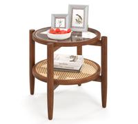 2-Tier Round Side Table Glass Top End Accent Coffee Table W/ Storage Shelf