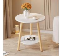 2-Tier Round Side Table - Solid Wood & MDF with Soft Fur Stylish White Accent Table 40cm/15.7in Perfect for Living Room or Bedroom Decor