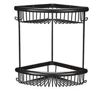 2 Tier Shower Baskets Rust Free Bathroom Caddy Corner Shelves Brass Shower Rack with Hook Holder Bath Tidy Storage Organiser Accessories Wall Mounted Screw in, Black