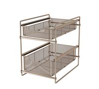 2-Tier Sliding Cabinet- Mesh Storage Rack with Pull-Out Drawers -Carbon Steel for Under-Sink/Bureau/Champagne/Living Room Use