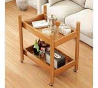 2-tier Solid Wood Sofa Side Table, Mobile Rolling Cart Versatile Bedside Cabinet, Narrow Accent End Table Tea Table for Living Room Bedroom Small Spaces
