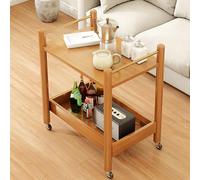 2-tier Solid Wood Sofa Side Table, Mobile Rolling Cart Versatile Bedside Cabinet, Narrow Accent End Table Tea Table for Living Room Bedroom Small Spaces