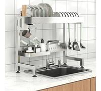 2-Tier Stainless Steel Dish Drying Rack Over Sink with Utensil Holder, Large Kitchen Dish Drainer with Partitioned Storage for Plates & Dishes - 86CM/33.9IN
