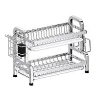 2-Tier Stainless Steel Dish Drying Rack with Drain Board Large Capacity Kitchen Counter Space-Saving Silver Holders 53x23.5x39cm