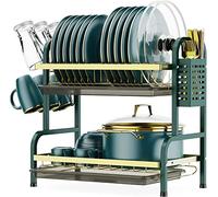 2-Tier Stainless Steel Dish Drying Rack with Drainboard Set Space-Saving Dish Drainer & Cutting Board Holder for Kitchen Counter Stylish Green Design