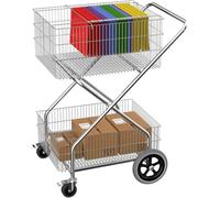 2-Tier Steel Basket Mail Cart with Wheels, Rolling Office Wire Cart 200 LBS Load Capacity, Heavy Duty File Organizer Mobile Trolley, Utility Cart for Laundry, Shopping, Grocery, Office