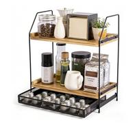 2-Tier Tea & Coffee Station Organizer with Slide Out Drawer, Wooden Coffee Bar Station with Pod Storage Drawer, Coffee Station Accessories, Hot Chocolate Station for Kitchen, Office & Home