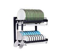 2-Tier Wall-Mounted Dish Drying Rack Black Steel Etagere for Plates Bowls & Spices Storage Shelf with Drainage Tray & 3 Hooks Kitchen Space Saver