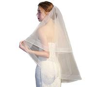 2-Tier Wedding Bridal Veil with Comb Fingertip Length Elegant Sheer Tulle Delicate Trim Adornment Short White Veils