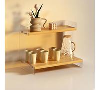 2-Tier Wooden Coffee Mug Display Rack Fence-Designed Countertop Display Shelf with Arc Edges Retro Trapezoid Storage for Tea Room, Kitchen(Natural wood color wavy,35*20*28cm/13.8*7.9*11in)