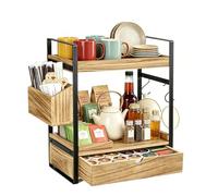 2 Tier Wooden Coffee Station Organiser, Drawer Pod Holder with Mug Hooks