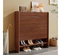 2-Tier Wooden Shoe Storage Cabinet - Free Standing Vintage Shoe Rack Organizer with Hidden Doors, Bottom Compartment & Storage Shelf for Narrow Entryways, Modern Slim Design