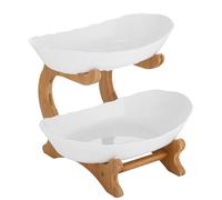 2-Tiers Fruit Serving Tray Fruit Basket Kitchen Fruit Bowl Storage Rack Oval Bowl Stand Pastry Vegetable Display Baskets Bamboo Wood Frame + PP Bowls for Place Desserts Candies Fruits etc (White)