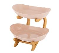 2-Tiers Fruit Serving Tray Fruit Basket Kitchen Fruit Bowl Storage Rack Oval Bowl Stand Pastry Vegetable Display Baskets Bamboo Wood Frame + PP Bowls for Place Desserts Candies Fruits etc (Beige)