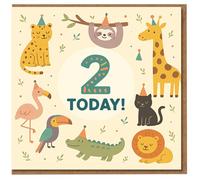 2 Today Jungle Animals Birthday Card for Kids - Cute Sloth, Giraffe, Lion & Friends - 2nd Birthday Card for Boy or Girl