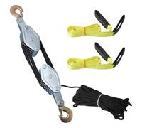 2 Ton Rope Hoist Pulley Block with 2Pcs Webbing Lifting Sling Strap, Metal Bearing 4000lbs Max Load, 20m (65.6 ft) Nylon Rope, for Lifting Heavy Industrial Objects Boat Truck Trailer Caravan