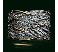 2 Tone Intertwined Crossover Statement Ring Fashion Chunky Band Rings for Women Black Gold Multi Cross Lines Full Cubic Zirconias CZ Wide Band Ring Full Finger Wedding Engagement Band Ring O