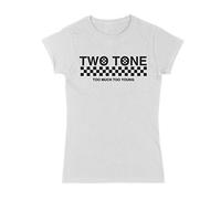 2 Tone Too Much Too Young Narrow Logo Women's Ska T-Shirt (XL, White)