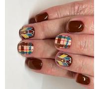 2 Turkey Checkered Short Square ABS Fake Nails Festive Holiday Thanksgiving Easy Apply Turkey Print Press on Manicure