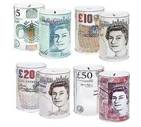 2 UR DOOR Large Money Tins GBP Banknote Designs - Jumbo Size 15x15x22cm for Piggy Bank - for Treats, Shoes, Birthday Money, Holiday or Christmas - Pack of 1 from Assorted Designs (£5, £10, £20 & £50)