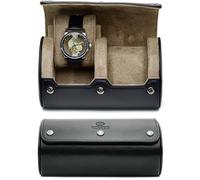2 Watch Rolls Travel Case - Leather Watch Holder Case for Travel - Black Full Grain Leather (Beige Inside)