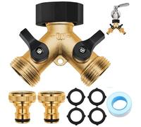 2 Way Garden Hose Splitter, 2 Way Brass Hose Splitter, Double Way 3/4" Hose Connector, Y Valve Tap Connector, with Individual On/Off Valves and Two Quick Connector for Outdoor, Garden, Courtyard, Lawn