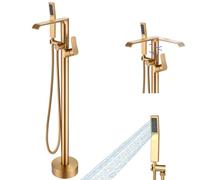 2-Way Gold finshed Freestanding Bathtub Shower Mixer Taps, Floor Mounted Tub Filler Shower Taps Brass Bath Tap with Hand Sprayer, Beelee BL19019BG