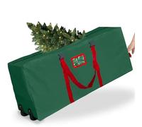 [ 2 Wheels & Buckle Straps ] Rolling Christmas Tree Storage Bag Fits 7.5 Ft Disassembled Tree, 50x20x12 Inch Waterproof 600D Oxford Card Slot Handles Dual Zipper Holiday Xmas Storage Container (Green)