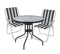 (2, White & Black Stripes Chairs) Garden Table & Folding Deck Chairs Set 2 4 Seater
