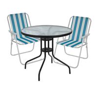 (2, White & Blue Stripes Chairs) Garden Table & Folding Deck Chairs Set 2 4 Seater