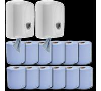 2 White Centerfeed Dispensers with 12x 50m 2-ply Laminated Blue Centerfeed Rolls (2/BCFR/12R)