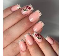 2. White French Tip Artificial Nails 24Pcs Black Dot Floral Pattern Wedding Easy Apply Special Occasions Press on