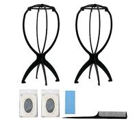 2 Wig Holders, 2 Hair Nets, 1 Pointed Tail Comb, 1 Wig Film, Plastic Foldable and Detachable Portable Wig Holder (Black), Wig Care Set, Suitable for Daily Use, Carry Out