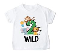 2 Wild Jungle Animal Birthday T-Shirt - 2nd Birthday Tee for Boys & Girls - Safari Party Outfit - 100% Cotton - Sizes 1-2 Years & 2-3 Years - Water-Based Ink - Made in Yorkshire White