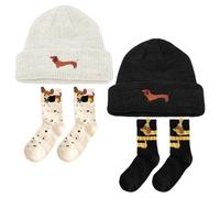 2 Woolen Hats And 2 Pairs Of Socks, Cute Pet Dachshund Embroidery, Warm Suit, Cute Accessories, Suitable For Daily Wear In Winter.